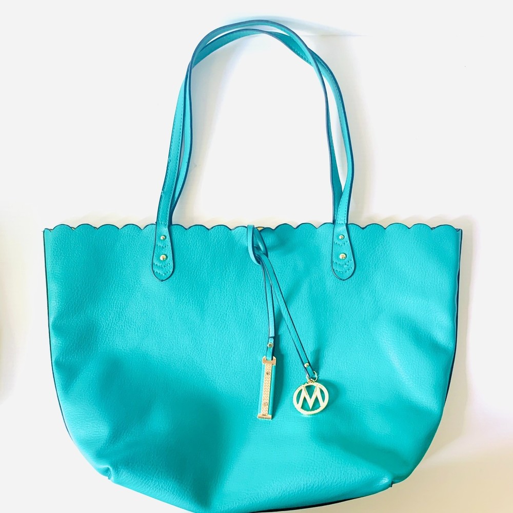 Mia K Collection Reversible Tote With Bonus Pouch Teal & Yellow